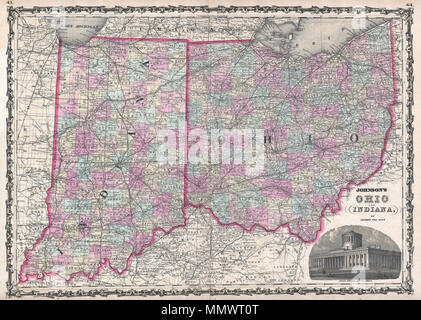 . Englisch: Dies ist Johnson und Ward's Karte 1862 von Ohio und Indiana. Umfasst die Staaten in den Grafschaften mit besonderem Augenmerk auf Transport, insbesondere Straßen, Bahnlinien und Kanäle. Es ist eine eingravierte Ansicht des Ohio State Capitol Building in Columbus im rechten unteren Quadranten. Mit der Multifunktionsleiste stil Grenze gemeinsame zu Johnson von Atlas Arbeiten von 1860 bis 1862. Stahlplatte Gravur von A.J.Johnson für die Veröffentlichung als Platten Nr. vorbereitet Johnson's Ohio und Indiana, von Johnson und Ward.. 1862 (undatiert). 1862 Johnson Karte von Ohio und Indiana - Geographicus - OhioIndiana - Johnson-1862 Stockfoto