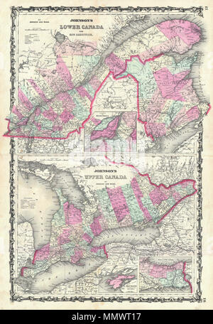 . Englisch: Dies ist A.J.Johnson und Ward's Karte 1862 von Upper Canada (Ontario) und Kanada (Quebec). In zwei Karten aufgeteilt. Die obere Karte besteht aus den Provinzen Quebec und New Brunswick. Verfügt über eine Übersichtskarte der Umgebung von Montreal. Untere Karte konzentriert sich ausschließlich auf Ontario. Features Kartenausschnitte von Wolf Insel und der Welland Canal. Beide Karten sind farblich durch Bezirk und detail Hauptstrassen, Städte, Flüsse, Bahn- und Fährverbindungen codiert. Funktionen der strapwork Grenze gemeinsame zu Johnson von Atlas Arbeiten von 1860 bis 1863. Stahlplatte Gravur erstellt von A.J.Johnson für publicati Stockfoto