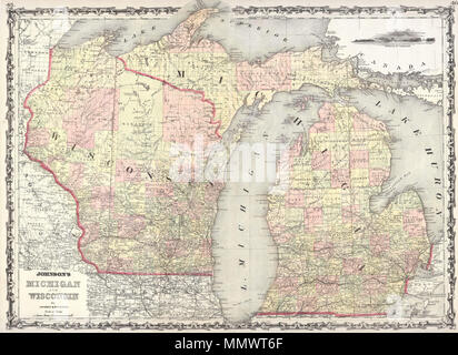 . Deutsch: Dies ist ein wunderschön Handcolorierte Lithographie 1861 Karte von Michigan und Wisconsin. Mit einem schönen inset Gravur der Meerenge von Mackinaw der nördlichen Halbinsel von Michigan von der Landmasse im Süden teilen. Johnson's Michigan und Wisconsin. 1862. 1862 Johnson Karte von Wisconsin und Michigan - Geographicus - MIWI-j-62 Stockfoto