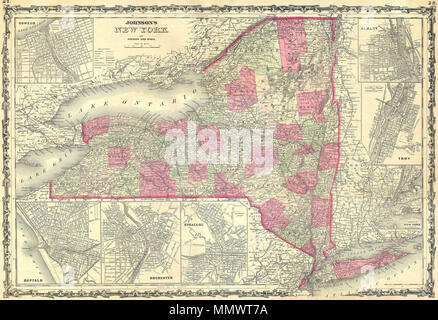 . Englisch: Diese Hand farbigen Karte ist eine Stahlplatte gravieren, dating bis 1862 vom legendären amerikanischen mapmaker A.J.Johnson. Es zeigt den Zustand von New York. Es gibt Kartenausschnitte von Buffalo, Rochester, Syrakus, Oswego, Albany, Troy, und natürlich in New York City. Diese Karte ist außerordentlich selten, wie es sich aus der Ausgabe 1862 von Johnson's Atlas kommen - eine der ersten und seltensten. Johnson's Karte von New York State. 1862. 1862 Johnson's Karte von New York State-Geographicus-NY-j-62 Stockfoto