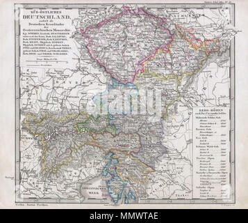 . Englisch: Diese faszinierende 1862 Karte von Justus Perthes und Stieler schildert Böhmen (heute Tschechien) und Österreich. Im Gegensatz zu anderen Kartographischen Verlagen für den Zeitraum, die Justus Perthes, nicht Übergang in der Lithografie Techniken bis in die frühen 1870er Jahre. Statt dessen sind alle seine Karten sind Kupfer Platte Gravuren und damit ein Niveau von Charakter und Tiefe des Details, das war unmöglich in der Lithographie oder Wachs zu finden-Gravur. Alle Texte in deutscher Sprache. In der Ausgabe 1862 von stieler's Schul-Atlas ausgestellt. Sud-ostliches Deutschland.. 1862. 1862 Perthes Karte von Böhmen und ein Stockfoto