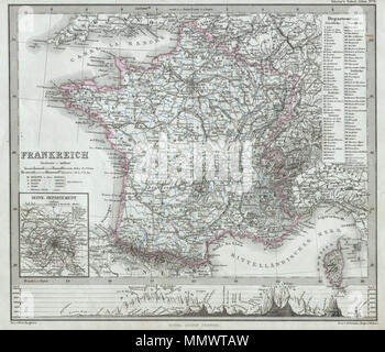 . Englisch: Diese faszinierende 1862 Karte von Justus Perthes und Stieler zeigt Frankreich. Es ist eine Übersichtkarte von Paris und Umgebung. In einer Anzeige der kartografischen Flair eindeutig Perthes Karten, ein Land, das höhenprofil ist auf der Unterseite der Karte dargestellt. Im Gegensatz zu anderen Kartographischen Verlagen für den Zeitraum, die Justus Perthes, nicht Übergang in der Lithografie Techniken. Statt dessen sind alle seine Karten sind Kupfer Platte Gravuren und damit ein Niveau von Charakter und Tiefe des Details, das war unmöglich in der Lithographie oder Wachs zu finden-Gravur. Alle Texte in deutscher Sprache. In der 186 ausgestellten Stockfoto