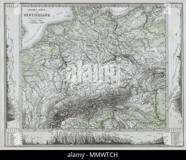 . Englisch: Diese faszinierende 1862 Karte von Justus Perthes und Stieler zeigt die Physische Geographie Mitteleuropas (oder wie es grösser Deutschland) von der Adria zur Ostsee genannt und als weit nach Westen als beligum. Städte sind zur Kenntnis genommen, aber es gibt keine politischen Unterscheidungen. In einer Anzeige der kartografischen Flair eindeutig Perthes Karten, ein Land, Höhenprofile zieren den Boden und die Seiten der Karte. Im Gegensatz zu anderen Kartographischen Verlagen für den Zeitraum, die Justus Perthes, nicht Übergang in der Lithografie Techniken. Statt dessen sind alle seine Karten sind Kupfer Platte Gravuren und damit Stockfoto