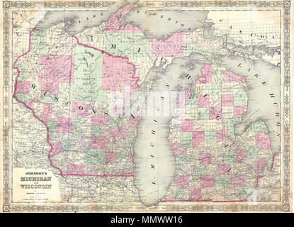 . Deutsch: Dies ist ein wunderschön Handcolorierte Lithographie 1863 Karte von Michigan und Wisconsin. Mit einem schönen inset Gravur der Meerenge von Mackinaw der nördlichen Halbinsel von Michigan von der Landmasse im Süden teilen. Johnson's Michigan und Wisconsin. 1863. 1863 Johnson Karte von Michigan und Wisconsin - Geographicus - MIWI-j-63 Stockfoto