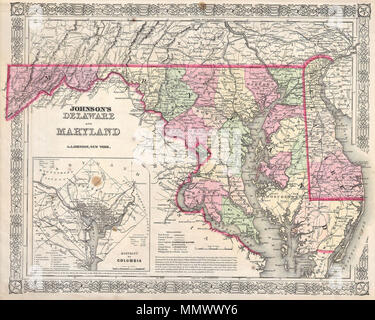 . Englisch: Das ist ein zauberhaftes 1864 Handcolorierte Karte der Staaten von Maryland und Delaware von der wichtige amerikanische Karte Verlag A.J.Johnson. Zeigt die beiden Staaten sehr ausführlich. Umfasst eine große Übersichtskarte der Distrikt von Columbia oder Washington D.C. gemacht während des Bürgerkriegs, diese Karte beinhaltet einen Absatz Notation auf der Vermessung der Grenze zwischen Pennsylvania, Delaware und Maryland, allgemein die "Mason Dixon Line" genannt. Diese Linie markiert die geografische Aufteilung zwischen den Nördlichen vom südlichen Mitgliedstaaten zu Beginn des Bürgerkriegs. Johnson's Delaware und Stockfoto