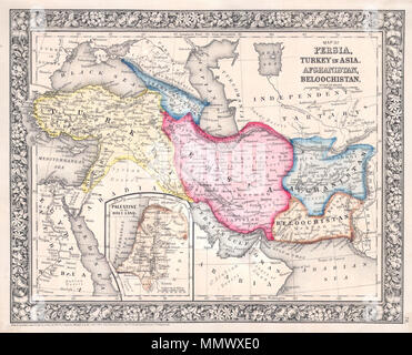 . Englisch: Ein schönes Beispiel für S. A. Mitchell Jr.'s 1864 Karte der Türkei, Persien, Beloochistan und Afghanistan. Deckt die modernen Nationen der Türkei, Iran, Irak, Syrien, Jordanien und in Afghanistan. Im unteren linken Quadranten verfügt über Palästina oder im Heiligen Land. Eine der attraktivsten amerikanischen Atlas Karten dieser Region in der Mitte des 19. Jahrhunderts zu erscheinen. Funktionen der florale typisch für Mitchell Karten aus dem Zeitraum 1860-65. Von S. A. Mitchell Jr. für Aufnahme in die Platte 78 im Jahre 1864 Ausgabe von Mitchell's Neue allgemeine Atlas vorbereitet. Veraltet und urheberrechtlich geschützt," eingetragen nach dem Gesetz Stockfoto