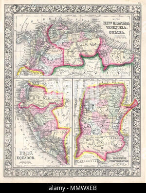 . Englisch: Ein schönes Beispiel für S. A. Mitchell Jr.'s 1864 drei Karte Blatt, Teile von Südamerika. Die erste Karte zeigt neue Granada (Kolumbien), Venezuela und Guyana. Die zweite Karte, im linken unteren Quadranten zeigt Peru und Ecuador (Ecuador). Die dritte Karte, im unteren rechten Quadranten, Funktionen der Argentinischen Konföderation. Eine der attraktivsten amerikanischen Atlas Karten dieser Region in der Mitte des 19. Jahrhunderts zu erscheinen. Funktionen der florale typisch für Mitchell Karten aus dem Zeitraum 1860-65. Von S. A. Mitchell für Einbeziehung als Platte Nr. vorbereitet 55 In der 1864 Ausgabe von Mitchell' Stockfoto