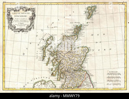 . Englisch: Ein schönes Beispiel für die Rigobert Bonne 1771 dekorative Karte von Schottland. Deckt alle von Schottland einschließlich der Shetland, Orkney und Hebriden Inseln. Durch die Grafschaft unterteilt. Eine dekorative barocken Titel Kartusche erscheint in der oberen linken Quadranten. Von R.Bonne im Jahr 1771 für die Ausgabe als Platte Nr. gezeichnet B20 in Jean Lattre die 1776 Ausgabe des Atlas Moderne. Carte du Royaume d'Ecosse.. 1771 (veraltet). 1772 Bonne Karte von Schottland - Geographicus - Schottland - bonne-1772 Stockfoto