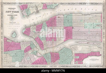 . Englisch: Eine feine Handcolorierte Karte von New York City und Brooklyn dating bis 1865. Deckt die Insel von Manhattan und den Stadtbezirk Brooklyn sowie Teile von Jersey City und Hoboken. Johnson's Plan ist stark auf den dritten Zustand von J.H.Coltons New York City atlas Karte. Der Central Park ist sehr detailliert und in gezeigt und frühere Inkarnation, als wir heute wissen, mit der übernehmenden Reservoir an der Stelle der heutigen Großen Wiese. Die wichtige Fähren zwischen New York, Brooklyn, Queens, New Jersey, sind alle fest. In den Königinnen sehen wir die neu gebaute Long Island Railroad Fl verlassen Stockfoto