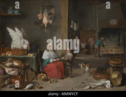 Küche Innenraum oder Küche Szene. 1644. David Teniers der Younger-Kitchen Szene Stockfoto