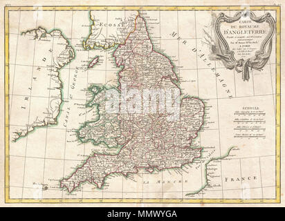 . Englisch: Ein schönes Beispiel für die Rigobert Bonne 1771 dekorative Karte von England und Wales. Deckt alle in England und Wales sowie Teile der angrenzenden Schottland, Irland und Frankreich. Durch die Grafschaft unterteilt. Eine dekorative barocken Titel Kartusche erscheint in der oberen rechten Quadranten. Von R.Bonne im Jahr 1771 für die Ausgabe als Platte Nr. gezeichnet 36 Jean Lattre die 1776 Ausgabe des Atlas Moderne. Carte du Royaume d'Angleterre. 1771 (veraltet). 1772 Bonne Karte von England und Wales - Geographicus - England - bonne-1772 Stockfoto