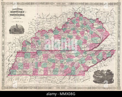 . Englisch: Ein schönes Beispiel für A.J.Johnson's Karte 1866 von Kentucky und Tennessee. Stellt Johnson's dritte Iteration dieser Karte, die er in der 1865 aktualisierten Änderungen zu diesen abtrünnigen Staaten zu reflektieren nach dem Amerikanischen Bürgerkrieg. Karte zeigt beide Staaten in vollem Umfang mit Farbkennzeichnung nach Grafschaft. Inset Blick auf das Nashville State House und dem Eingang zum Mammoth Cave die Karte in der linken oberen und rechten unteren Quadranten, bzw. verzieren. Funktionen der eckappliken Stil Grenze gemeinsame zu Johnson von Atlas Arbeiten von 1863 bis 1869. Von A.J.Johnson und Gemeinde als Seitenzahlen veröffentlicht. Stockfoto