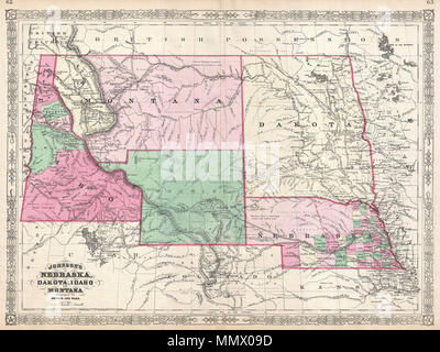 . Englisch: Dies ist Johnson und Ward's bedeutende Karte 1866 der Idaho, Montana, Wyoming, Dakota und Nebraska. Johnson, die zum ersten Mal diese Karte im Jahr 1865 ein erneutes Interesse an der Region nach dem Ende des amerikanischen Bürgerkrieges. Während des Bürgerkriegs Zeitraum die große Washington und Nebraska Gebiete, in kleinere Gebiete, einschließlich Idaho (1863), Montana (1864) und Dakota (1861) geteilt worden war. Wenn auch weitgehend von verschiedenen Indianischen Nationen kontrolliert, war diese Region zunehmend attraktiv für die Ansiedlung und Entwicklung. Die vorgeschlagenen Gouverneur Steven Stockfoto