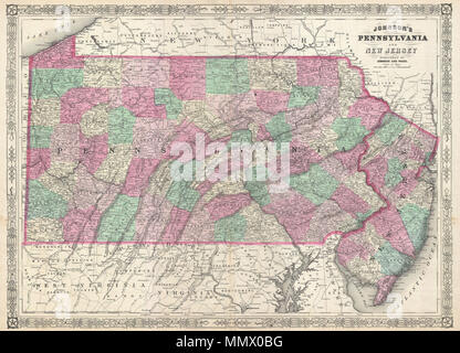 . Englisch: Ein schönes Beispiel für A.J.Johnson's Karte 1866 von Pennsylvania und New Jersey. Diese seltene Karte bietet eine faszinierende Momentaufnahme dieser Union, kurz nach dem Ende des amerikanischen Bürgerkrieges. Karte zeigt beide Staaten in vollem Umfang mit Farbkennzeichnung nach Grafschaft. Funktionen der eckappliken Stil Grenze gemeinsame zu Johnson von Atlas Arbeiten von 1863 bis 1869. Von A.J.Johnson und Gemeinde als Seitenzahlen 31-32 in der Ausgabe 1866 von Johnson's Neue Illustrierte Familie Atlas veröffentlicht. Dies ist die letzte Ausgabe des Johnson Atlas der Johnson und Ward Impressum zu tragen. Johnson's Pennsylvania und Stockfoto