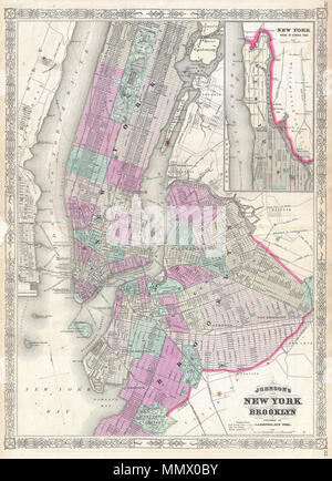 . Englisch: Dies ist A.J.Johnson's Attraktive vertikale Plan von New York City, datiert 1866. Zeigt alle von Manhattan, Brooklyn, und Teile der Königinnen, Long Island City, Astoria, Jersey City und Hoboken. Abdeckungen Brooklyn von Greenwood Friedhof im Süden gegen Norden zu Prospect Park, Bedford, Williamsburgh und Greenpoint gehören. Erstreckt sich nach Osten so weit wie Evergreen Friedhof. Detaillierte auf die Straße, die individuelle Ebene im gesamten Piers, Gebäuden und Eisenbahnen. Zeigt viele der öffentlichen Gebäude auf Blackwell's Island (Roosevelt Island) einschließlich der Altersschwachen Bürgerkrieg Krankenhaus, still stehen Stockfoto