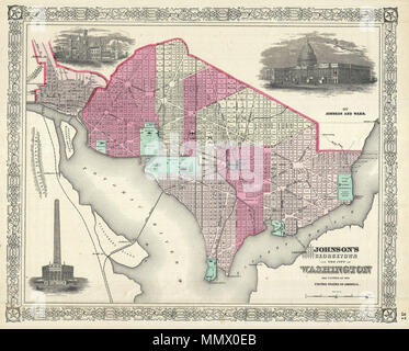 . Englisch: Ein schönes Beispiel für A.J.Johnson's Karte 1866 in Washington D.C. und Georgetown. Bietet eine faszinierende Momentaufnahme der Hauptstadt der Nation kurz nach dem Ende des amerikanischen Bürgerkrieges. Zeigt die Stadt, sehr ausführlich mit Farbkennzeichnung nach ward. Anmerkungen zahlreiche wichtige Gebäude, darunter das Kapitol, das Smithsonian Institution, das Weiße Haus (noch nicht das Weiße Haus genannt), das Washington Monument, das Nationale Observatorium, der Nabel Yard, das Armenhaus, das Rathaus und andere. Zeigt den Raster und Ray Struktur nach L'Enfant des genialen Plan. Georg Stockfoto