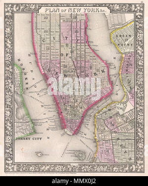 . Englisch: Ein schönes Beispiel für S. A., Mitchell's Junior Karte 1866 von New York City, New York. Zeigt New York City zusammen mit Teilen von Brooklyn, Williamsburg, Greenpoint, Hoboken und Jersey City. Bietet wunderbaren Details auf der Straßenebene, einschließlich Hinweise auf Parks, einzelne Straßen, Eisenbahnen, Piers, Fähren und wichtigen Gebäuden. Gefärbt mit Pastell Codierung gemäß Stadt Bezirke. Umgeben von der schönen floralen Grenze gemeinsame zu Mitchell zwischen 1860 und 1866 Atlanten. Einer der attraktiveren Atlas Karten von New York in der Mitte des 19. Jahrhunderts zu erscheinen. Von S. A. Mitchell vorbereitet Stockfoto