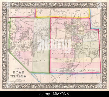 . Englisch: Ein schönes Beispiel für S. A., Mitchell's Junior Karte 1866 von Utah und Nevada. Sowohl der Staat Nevada und das Gebiet von Utah. Sehr detaillierte mit Notationen auf die vorgeschlagenen Eisenbahnen, topographische Merkmale, die Federn und die Städte. Identifiziert eine Reihe von wichtigen Ost-West-Routen mit dem Overland Mail Route, der Telegraph Route, Beckwith Route, die Hastings Straße und der Straße nach Kalifornien, der Wagen Weg zu Owyhee Minen und andere. Notiert mineralische Ablagerungen von Gold und Silber an der Grenze in Idaho, sowie Salz Betten in Nevada und Utah. Farbcodierte an Stockfoto