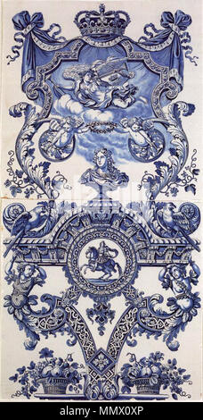 Englisch: Fliesen mit Darstellung in Blau eines Equestrian portrait von William III. als Kaiser Français: nebenklägerin du carrelage Mural de la Wasser Galerie à Hampton Court.[1] Nederlands: Tegel met voorstelling in Rood van een Medaillon waarin Willem III. als Romeins Keizer te Paard. Alternative Titel: Englisch: Zwei große Fliesen aus einer Spalte. [2]. um 1690. Delfter Kacheln mit Büste von William III. von England Stockfoto