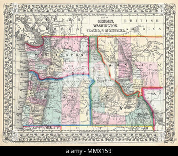 . Englisch: Ein schönes Beispiel für S. A., Mitchell's Junior Karte 1867 von Washington, Oregon, Idaho und Montana. Detaillierte und Farbe auf der Ebene der Landkreise mit Aufmerksamkeit für Städte kodiert, geografische Besonderheiten, vorgeschlagen, Eisenbahnen, und Städte. Die montana-wyoming Grenze hat noch nicht vollständig gelöst werden. Funktionen der Weinstock Motiv Grenze typisch für Mitchell Karten aus dem Zeitraum 1865-80. Für die Aufnahme als Platte 50 in der 1867 Ausgabe von Mitchell's Neue allgemeine Atlas vorbereitet. Veraltet und urheberrechtlich geschützt," laut Gesetz des Kongresses im Jahr 1867 von S. Augustus Mitchell Jr. im Büro der Sekretärin des Distr Stockfoto