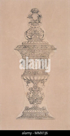 . Englisch: Final Design Design für eine Schale für Jane Seymour. Pen und der Pinsel, Tusche auf Papier, 37,6 x 15,5 cm, das British Museum. Das Design ist für eine eindrucksvolle Gold Cup von Queen Jane Seymour, von Henry VIII, den sie am 30. Mai 1536 verheiratet vorgelegt werden. Die King's und Initialen Queen's in der Liebe sind Knoten verschlungen, und Jane's Motto "gebunden zu gehorchen und dienen" wird auf dem Deckel und den Fuß. Die daraus resultierende Cup wird in Henrys Inventar beschrieben als "faier Ständigen cuppe Gold garniert mit diamounts und Perlen" (Foister, S. 87). Das ist der Entwurf für die Schale, die fi Stockfoto