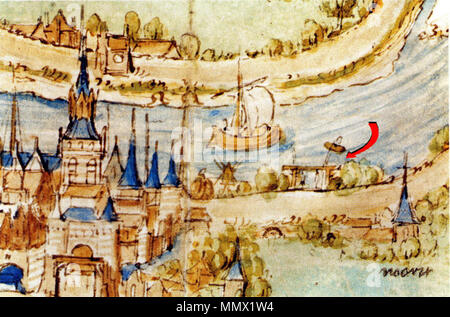 . Nederlands: Fragment van een kaart van Gouda Tür Pieter Dirksz Crabeth, Ritt pijl ingetekend Tür uploader verwijst naar Het galgenveld bij Gouda. 1520. Pieter Dirksz Crabeth Detail kaart Crabeth 1520 Stockfoto