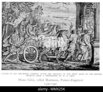 . Englisch: 1905 Drucken nach der Seite der Frauen Maler der Welt, aus der Zeit von Caterina Vigri, 1413-1463, Rosa Bonheur und der Gegenwart, von Walter Shaw Spatz, die Kunst und Leben Bibliothek, Hodder & Stoughton, 27 Paternoster Row, London Englisch: der Triumph der Titus und Vespasian; die Männer in einem von Pferden gezogenen Wagen, ein Engel mit Kronen über Ihnen, ein Triumphbogen am rechten und Landschaft über Stift und Tinte schwarz, braun Waschen, über Schwarze Kreide, erhöhte mit weißen (teilweise verfärbt). Zwischen 1642 und 1708. Diana Scultori (1547-1612) Alternative Namen Diana Diana Scultori Ghisi; Stockfoto