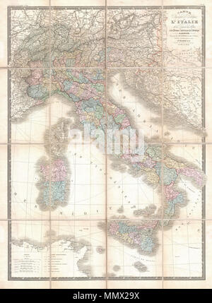 . Englisch: Dies ist A. Brue C. 1870 Karte von Italien. Deckt die gesamte Halbinsel Italien einschließlich Sardinien, Korsika und Sardinien. Reicht bis nördlich in die Schweiz und Teile von Österreich und Bayern. Zeigt Schifffahrtsrouten zwischen Italien und Nordafrika sowie zu anderen europäischen Nationen. In Leinen Ausgestellt gesichert Falzen Format als Karte Nr. 30 Der A. Brue und Emile Levasseur ist c. Carte Körperbau et politique de l'Italie dela Region des Alpes et des ProvincesAutrichiennes Sur L'Adria.. 1870 (undatiert). 1870 Brue und Levasseur Pocket Karte von Italien - Geographicus - Italien - brue-1870 Stockfoto