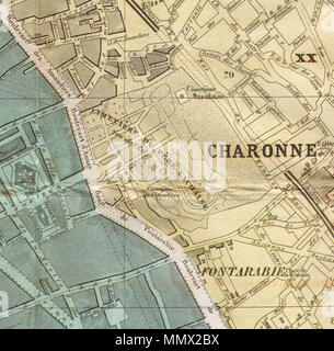 . Englisch: Detail zeigt die Charonne Viertel und den Friedhof Père Lachaise, aus einer großen Format Leinen gesichert Falten Karte von Paris, Frankreich. Die von der Firma Hachette 1870 veröffentlicht. Zeigt die Stadt auf außergewöhnliche Handkoloriert mit allen Bahnlinien, Straßen und wichtigen Gebäuden dargestellt. Kommt mit Booklet mit einem nützlichen street Index. Von Hachette&Company 79 Boulevard Saint Germain in Paris, Frankreich veröffentlicht. Nouveau Plan de Paris Divise en Vingt Arrondissements.. 1870. 1870 Hachette Pocket Karte von Paris, Frankreich, Geographicus - NouveauParis - hachette-1870 (7/8) Stockfoto