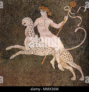 . Englisch: Dionysos, ein Gepard, Mosaikboden im 'Haus des Dionysos in Pella, Ende des 4. Jh. v. Chr., Pella, archäologischen Museum. . IV-III-BC. Unbekannte Dionysos Mosaik von Gozzano Stockfoto