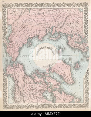 . Englisch: eine selten gesehene Variante des Coltons Karte der Nordpol oder Arktis. Abdeckungen der Baikalsee, die Hudson Bay, die Britischen Inseln und Kamchatka Nord zum Südpol. Gibt in der Regel einen ausgezeichneten Überblick über den Stand der Arktis Erforschung und Entdeckung auf etwa 1855. Obwohl diese Karte unterscheidet sich nicht wesentlich von früheren Editionen - Die einzige bemerkenswerte Platte Änderung ist der Austausch von J.H. Coltons Impressum mit teh G.W. und C.B. Colton Impressum - aber es ist einzigartig in dieser Farbe wurde hinzugefügt. Alle früheren Ausgaben dieser Karte waren in Schwarz und Weiß. Von G. W. und C.B. C vorbereitet Stockfoto