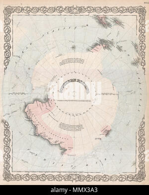 . Englisch: eine selten gesehene Variante des Coltons Karte der Südpol, Antarktis, oder den südlichen Polarregionen. Zeigt den großen südlichen Kontinent mit sowohl feste als auch versuchsweise in Grenzen skizziert. Anmerkungen die Reisen von wichtigen Antarctic Explorers der vorangegangenen 20 Jahre oder so, einschließlich Wilkes (1840), Bellinghausen (1820), Ross (1840 - 1843), KIempt (1833), Koch (1773-1774) und Biscoe (1831). Gibt in der Regel einen hervorragenden Überblick über den Antarktischen Erforschung und Entdeckung auf etwa 1855. Obwohl diese Karte unterscheidet sich nicht wesentlich von früheren Editionen - Die einzige bemerkenswerte Stockfoto
