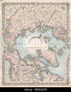 . Englisch: eine selten gesehene Variante des Coltons Karte der Nordpol oder Arktis. Abdeckungen der Baikalsee, die Hudson Bay, die Britischen Inseln und Kamchatka Nord zum Südpol. Gibt in der Regel einen ausgezeichneten Überblick über den Stand der Arctic Exploration und Entdeckung auf etwa 1873. Während Colton selten seine Urheberrechte er update seine Karten die jüngsten politischen Veränderungen, Erkundungen aktualisiert, und Entdeckungen. Coltons Mapping der Arktis, erstmals im Jahre 1855 veröffentlicht und anschließend aktualisiert obwohl die 1870s bietet eine wertvolle Aufzeichnung von Arctic Exploration. Dieses besondere Beispiel, Oste Stockfoto