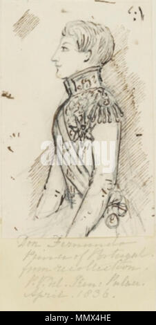 . Englisch: Feder und Tinte Zeichnung, Fernando, Prinz von Portugal. Von seinem Vetter gezeichnet, Queen Victoria (dann, Prinzessin Victoria von Kent), 1836. Português: Desenho a caneta, mostrando D. Fernando, Príncipe Consorte de Portugal. Desenhado pela sua prima, ein Rainha Vitória Reino Unido (na Altura, Princesa Vitória de Kent), em 1836 tun. Don Fernando Prinz von Portugal (1836) - Prinzessin Victoria von Kent Stockfoto