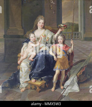 Englisch: Porträt der Herzogin von La Ferté-Senneterre mit der Zukunft von Ludwig XV. Auf ihrem Schoß (dann der Herzog von Anjou) und der Herzog der Bretagne steht neben ihr. Français: La Duchesse de La Ferté mit der Duc de Bretagne und der Duc d'Anjou, circa 1711. Herzogin de la Ferte mit dem Herzog der Bretagne und dem Herzog von Anjou, De Troy Stockfoto