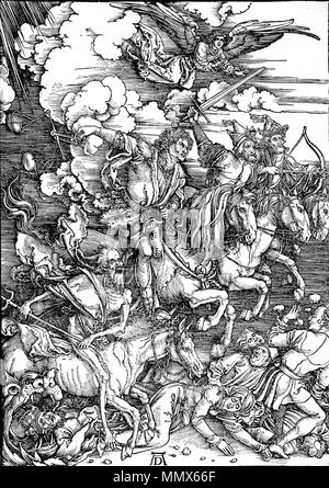 English: Albrecht Dürers sterben Offenbarung des Johannes: 4. Vier apokalyptischen Reiter Englisch Sterben: Die Offenbarung des Johannes: 4. Die vier Reiter der Apokalypse Türkçe: Albrecht Dürer,? ncil 'De sözü edilen Mah? erin Dört Atl?s?'n? 1497-98 tarihli betimleyen, ah? ap Sonnen? Gravürü. Dört Resimde atl? Sa?Dan sola; tutan Salg elinde yay?n (baz? Yorumlarda? Sa'n?n dünyay? Fethi), elinde k?l? ç tutan Sava?, elinde terazi tutan K?tl?k ve çürümekte Olan bir beden? eklinde tasvir edilen Ölüm 'dDrehradius. 39 x 28 cm ebad? ndaki Sonnen?, Karlsruhe'deki Staatliche Kunsthalle "edir. 1497-1498. Durer Offenbarung Vier Stockfoto