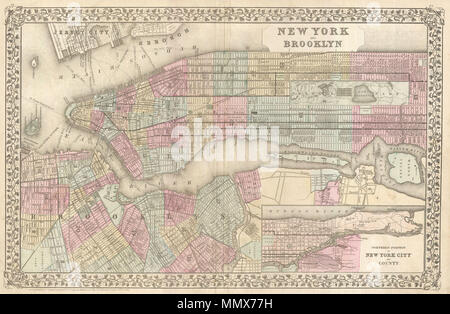 . Englisch: Diese schönen farbigen Karte ist ein lithografischen Gravur von New York City, dem Jahr 1882, die von der legendären amerikanischen Karte Herausgeber S.A. Mitchell, Junior. Deckt alle von Manhattan und Brooklyn sowie angrenzende Teile von Jersey City und Königinnen. In Übersichtskarte der nördlichen Manhattan und Teile der Königinnen im rechten unteren Quadranten. Herausragende Details auf der Straßenebene einschließlich der Angabe der einzelnen Gebäude. Die Brooklyn Bridge, noch ein Jahr weg von seiner Fertigstellung 1883, angegeben ist. Auch die Namen der verschiedenen Fährverbindungen zwischen New York und New Jersey, wie wir Stockfoto