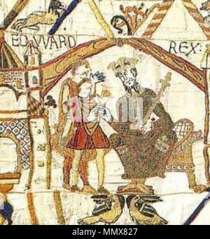 . Englisch: Edward dem Bekenner, König von England 1042-1066, öffnung Szene von Bayeux Tapestry English: Edward der Bekenner, König von England 1042-1066, Teppich von Bayeux Français: Édouard le Confesseur, Roi d'Angleterre (1042-1066), Tapisserie de Bayeux. 1066. Unbekannte Edward der Bekenner Stockfoto