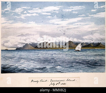 . Englisch: "Woody Point, Vancouver Island, 8. Juli 1851' [Kanada]. . Vom 8. Juli 1851. Admiral Edward Gennys Fanshawe (27. November 1814 bis 21. Oktober 1906). Edward Gennys Fanshawe, Woody Point, Vancouver Island, 8. Juli 1851 (Kanada) Stockfoto