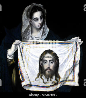 . Español: La Obra Vertreter einer Santa Verónica y contemplando mostrando El paño de la Santa Faz, en el que aparece El Rostro de Jesucristo. La Verónica con la Santa Faz. ca. 1580. El Greco-St Veronica Holding der Schleier - WGA10457 Stockfoto