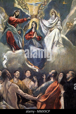 . Español: La Obra muestra a Los tres Angemeldet bleiben de la Santísima Trinidad coronando a la Virgen María Madre de Jesucristo. Die Krönung der Jungfrau Maria. 1591. El Greco - Die Krönung der Jungfrau Maria - WGA 10495 Stockfoto