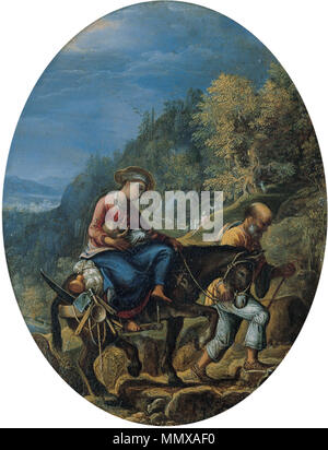 Die Flucht nach Ägypten. ca. 1605. "Die Flucht nach Ägypten", Öl auf Kupfer versilbert Gemälde von Adam Elsheimer Stockfoto