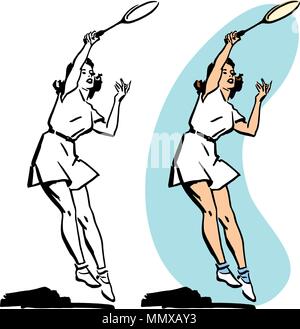 Eine Frau spielt Tennis und dem Dienst an der Kugel. Stock Vektor