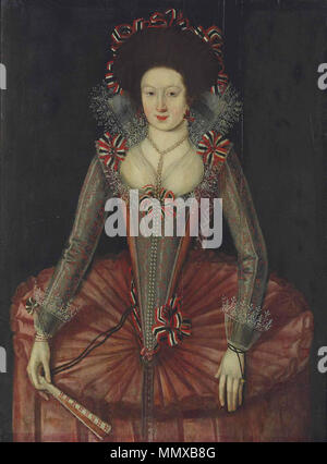 . Englisch: Bildnis einer Dame, die traditionell als (aber wahrscheinlich nicht) Viscountess Cranborne werden (ca. 1623 - 1675), drei - Viertel - Länge in eine rote und silberne Rad farthingale und bestickte Mieder, eine fächerförmige Spitze Ruff und Manschetten und Bänder,, einen Fächer in der rechten Hand gekennzeichnet. . Zwischen ca. 1610 und ca. 1615. Englisch Schule C. 1610-1615 Porträt einer Dame Stockfoto