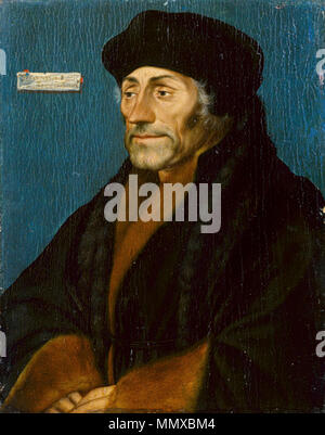. Der mehrere Versionen und viele Repliken von Hans Holbein des Jüngeren Porträts des Erasmus von Rotterdam, die überleben, das kleine Panel ist eine der vermutlich fünf vom Künstler selbst gemalt. In halber Länge drei Viertel Profil, seine Hände nur zwischen den Fell Manschetten seines Mantels sichtbar ist Erasmus dargestellt, als er um 1530, als er über 60 erschienen. Büschel von grauen Haaren des Porträtierten poke unter seine schwarze Kappe, tiefe Linien der Bereich um den Mund und die Haut zeigt Anzeichen einer Lockerung unter seinem Stubbly Kinn, aber die Empfindlichkeit und die Intensität der Erasmus der wissenschaftlichen Stockfoto
