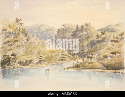 . Englisch: Erromango, Dillon's Bay. 8. Juli 1858. John Williams, Missionar, getötet 1840. Von Thomas verbogen. Zeigt einen Blick vom Wasser auf das Ufer der Insel Erromango an einem Punkt, wo ein Fluss fließt aus zwischen bewaldeten Ufern und Hintergrund die Hügel. Es ist ein Segelboot am Auslass des Flusses, eine Flagge auf einer Stange am Ufer neben der Auslass, und ein paar Häuser auf der Bank. Eine Gruppe von Figuren steht ganz rechts. Der Missionar John Williams Tod im Jahre 1839 in der Kolonialen Neuen Hebriden (heute Vanuatu). 1 Aquarell, 210 x 288 mm. Referenz: Stockfoto
