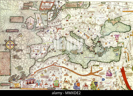 . Deutsch: Còpia del s. XIX de l'Atlas Català de la Corona d'Aragó, de l'Jede 1375 Español: Mapa de Europa y el Mediterráneo, Copia del s. XIX del Atlas Catalán de 1375. Englisch: Karte von Europa und dem Mittelmeerraum von der Kopie XIX Jahrhundert der Katalanischen Atlas 1375, zweite Tabelle, erste Kartographie. Français: Atlas Katalanisch (1375): rekonstitution de la Partie occidentale de la Carte, Kopie aus dem XIX° Siècle. Русский: атлас Каталанский (1375): западная часть Карты, копия XIX века. Українська: Каталанський атлас - вершина каталонської школи середньовічної картографії. . Ano 1375. Cresques Abraham Stockfoto