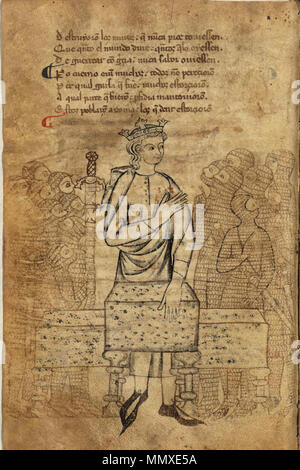 . Español: Hoja 45 v del O manuscrito de la BNE del Libro de Alexandre (1 ª Mitad del siglo XIII), códice del S. XIV. 154 hojas de pergamino 26 x 17 cm. Tres dibujos ein PLUMA. El Primero, un Rey entre soldados de cotas vestidos con Malla (h. 45 v.), Que corresponde a esta Imagen. . S. XIV (códice) 1 ª Mitad del siglo XIII (creación del Texto). Unbekannt F45 v del Libro de Alexandre (ms O) Stockfoto