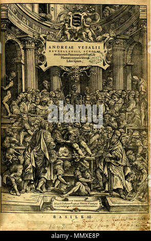 . Englisch: Titel Seite von Andreas Vesalius "De Humani Corporis Fabrica libri septem, Basel Ausgabe von 1543, die von joannis Oporini veröffentlicht. Original gespeichert bei U.S. National Institute der Gesundheit United States Zentralbibliothek für Medizin. Gescannte Version leicht gedreht (359 Grad) für Neigung nach links, um sie zu entfernen. 74 gegenübergestellt. Fabrica titlepg frc Stockfoto