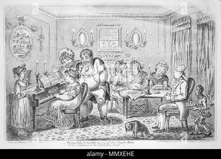 . (Diese 1809 Karikatur von Gillray persifliert die Familie eines wohlhabenden Bauern strebenden weiblichen musikalischen "Vollendungen" und anderen Mittelklasse Raffinessen.) Text in Oval auf Wand links: "Cheese Farm" Musik am Piano: 'Blue Bells of Scotland von Frau Jordan" gesungen Auf der Rückseite der Wand: Sampler genäht von "Betty Giles' INHALTSANGABE: Cartoon zeigen mollige Mädchen spielte Klavier. Ihre Eltern in der Nähe weiden während andere scheinen weniger interessiert. "Farmer Giles & seine Frau aus erweist ihre Tochter Betty an ihre Nachbarn, nach ihrer Rückkehr von der Schule'. 1809. Von H. Humphrey Farmer Giles &Amp veröffentlicht; seine Frau erzeige aus. Stockfoto
